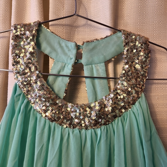 🥂 Mint Gold Sequin Halter Mini Party Dress L ✨ - Picture 3 of 8